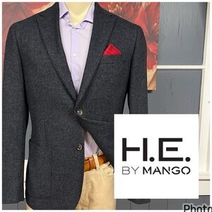 H.E. Mango Knit Blazer Mens Sz Large (42R) Slim Fit Wool Blend Grayish Navy